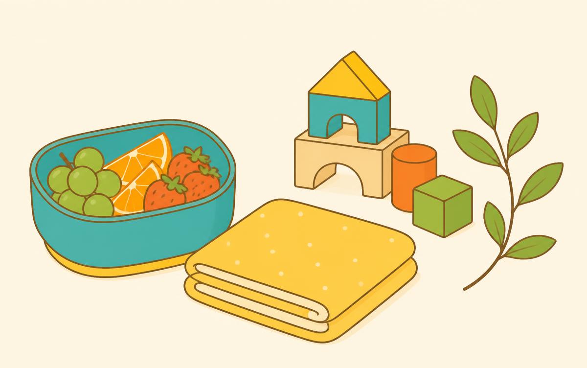 Illustration of a lunch bowl, folded blanket, wooden blocks and a leafy branch