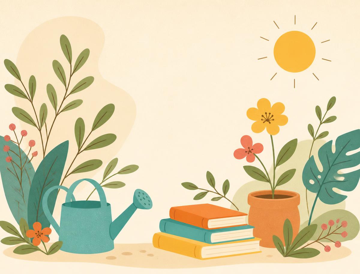 Illustration of a garden with a watering can, books, plants and sunshine